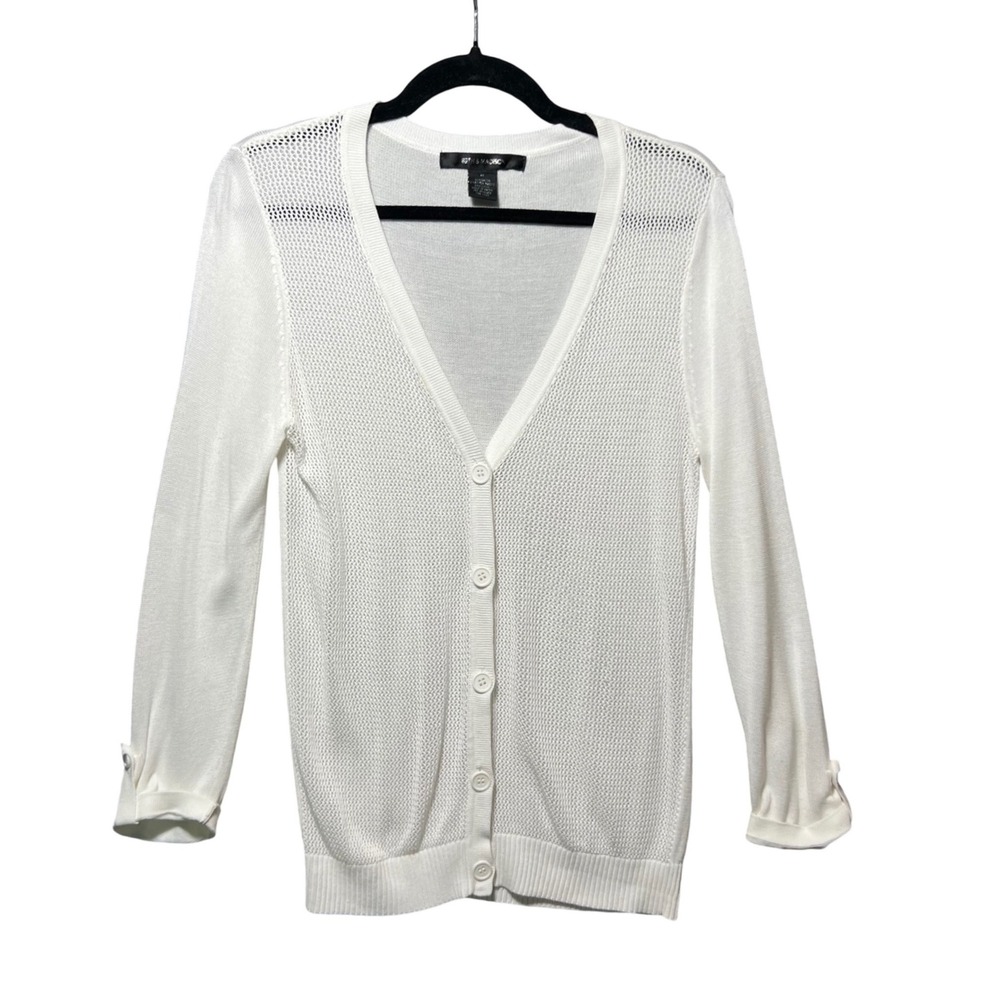 89th & Madison White Mesh Open Knit V-Neck Button Front Cardigan Sweater M